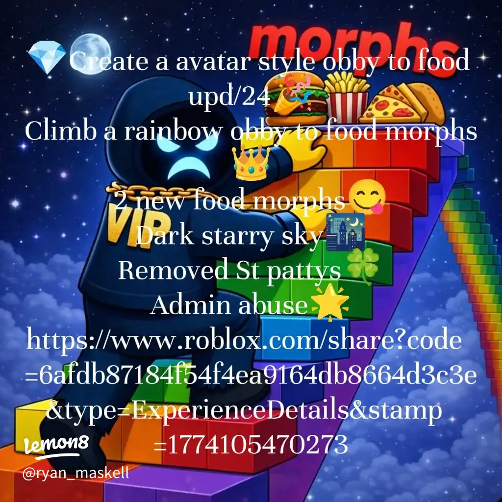 💎Create a avatar style obby to food upd/24🎉Climb a rainbow obby to food morphs's images(0)
